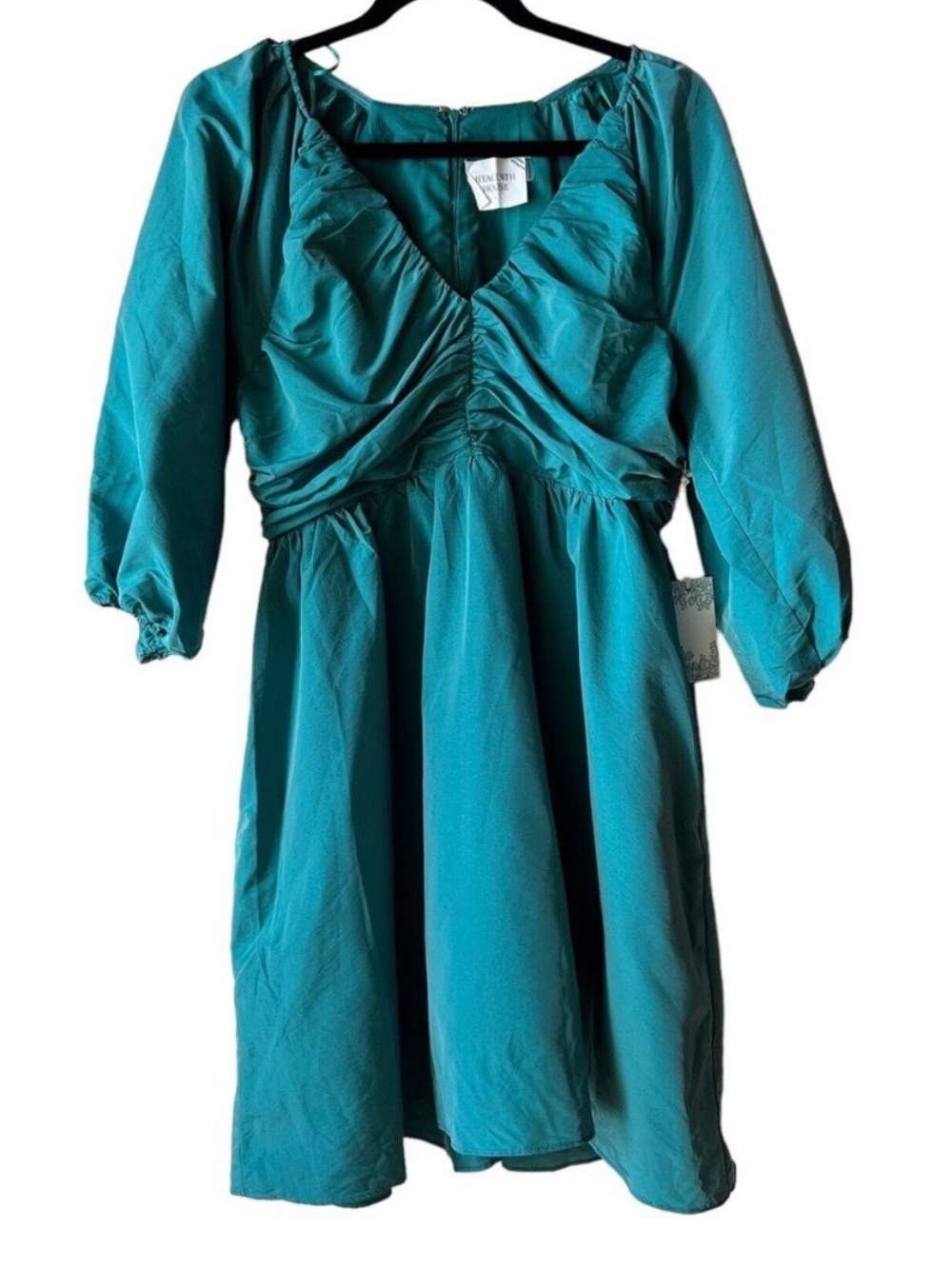 Hyacinth House Green Teal Ruched V-Neck Genevieve Mini Dress Empire Waist Large
